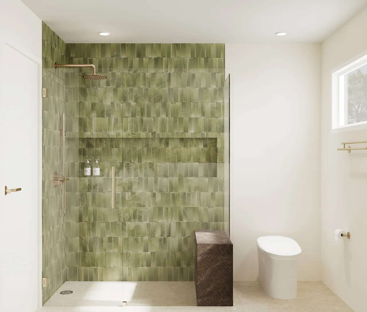 3D design of the shower, with green vertical tile, a long niche, a brass rain head, a stone bench and a glass door