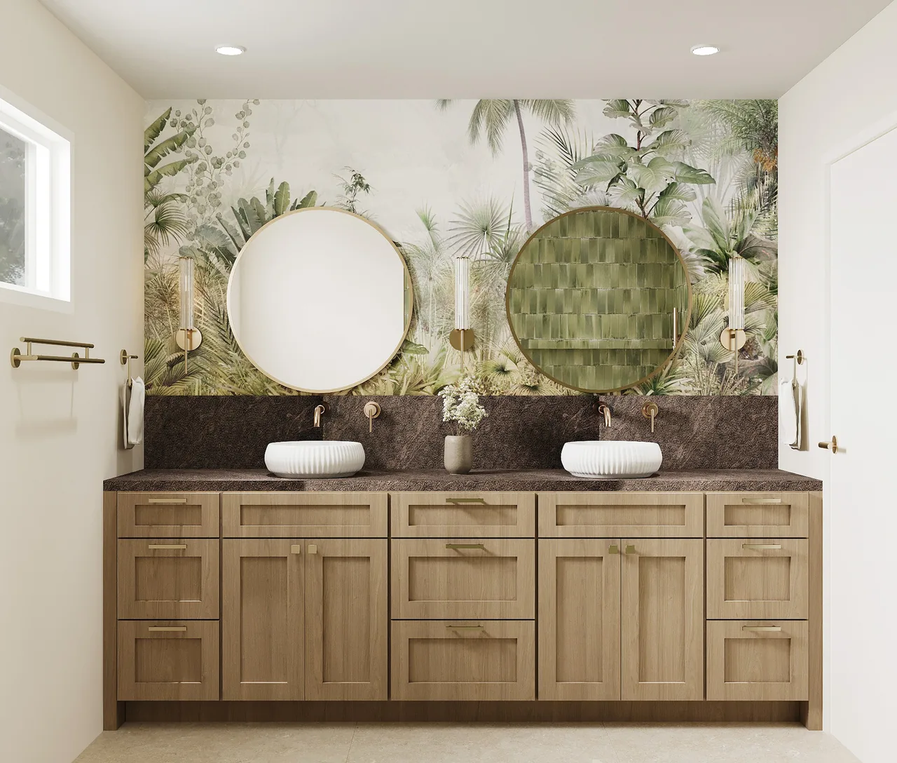 3D design of the vanity wall, with botanical wallpaper, two round brass mirrors, two vessel sinks, a light oak shaker vanity and a dark stone top
