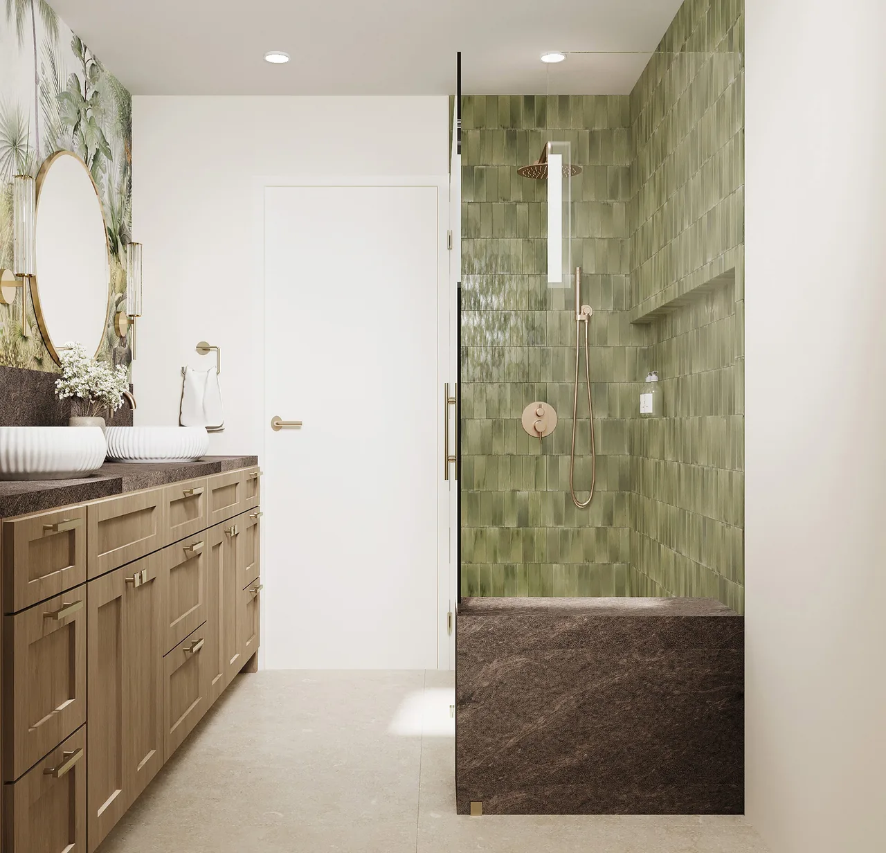 3D design of the room from the vanity, with the green tile shower and the stone bench beyond