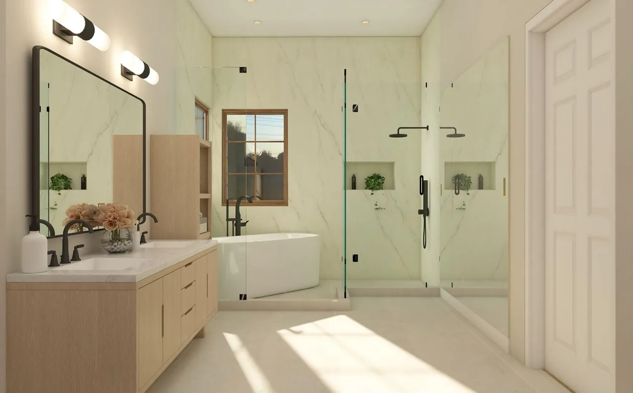 3D design looking down the room toward the tub under the window and the glass shower