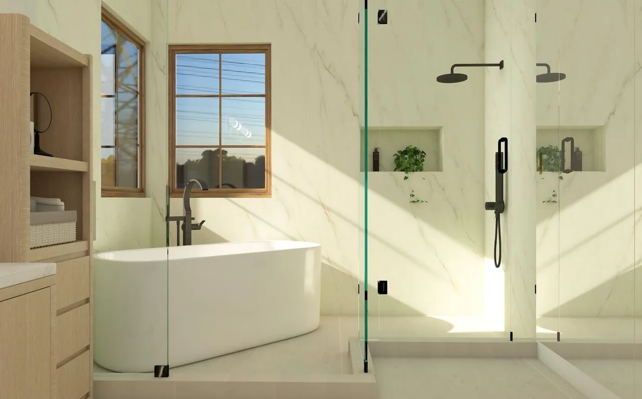 3D design of the freestanding tub under the window and the glass shower with a wall niche