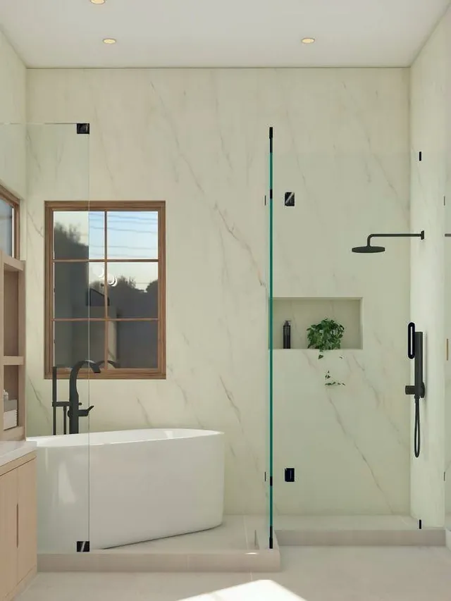 3D design of the same bathroom, with a freestanding tub under the window, a glass shower with a wall niche, black fixtures and marble-look walls