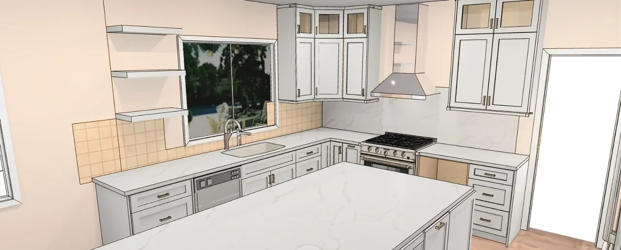 3D layout design of a white shaker kitchen with an island, a window over the sink, a range and a chimney hood