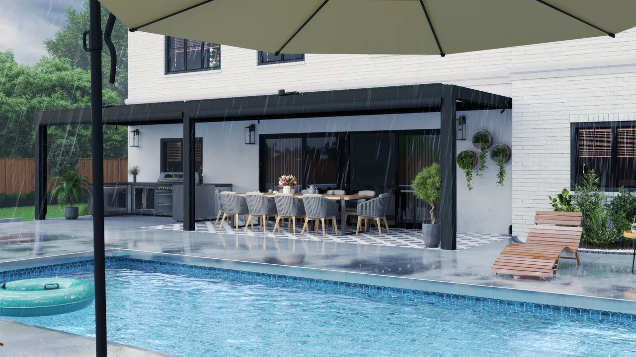 Black Equinox louvered roof over a dining patio beside a pool
