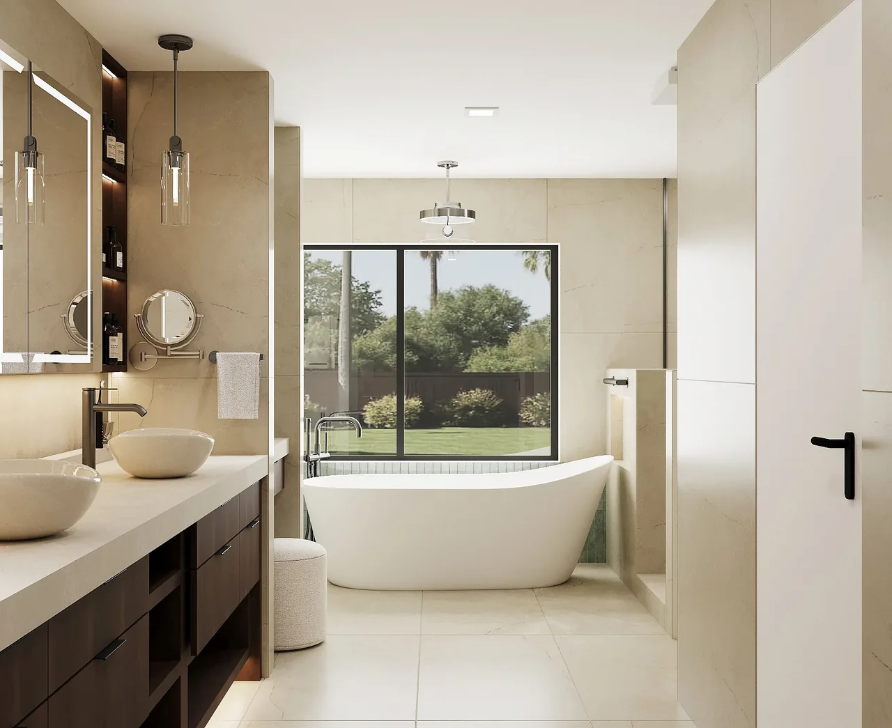 3D design of a primary bathroom with a dark wood double vanity with vessel sinks and glass pendant lights on the left, and a white freestanding tub under a large window with green tile below the sill