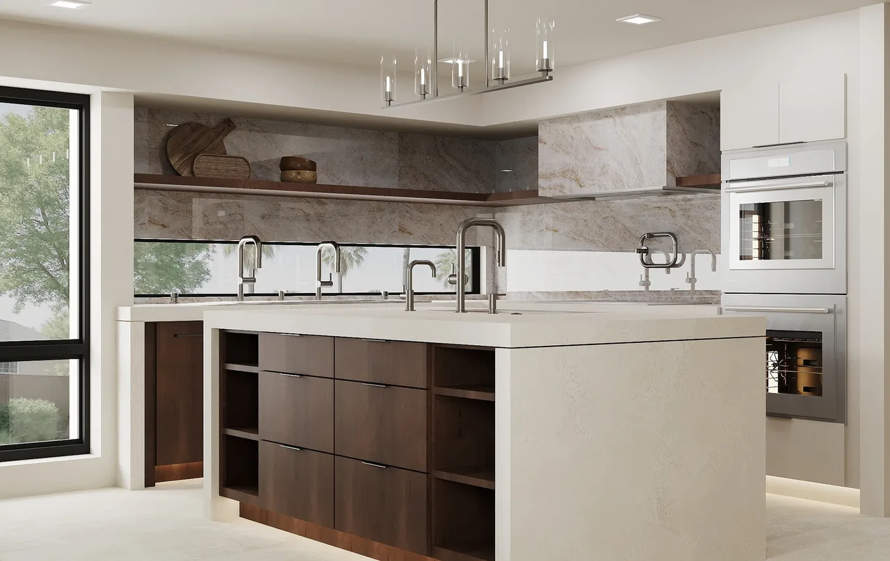 3D design of a kitchen with a concrete-look quartz waterfall island, dark wood drawers, a quartzite backsplash and hood, and stacked wall ovens